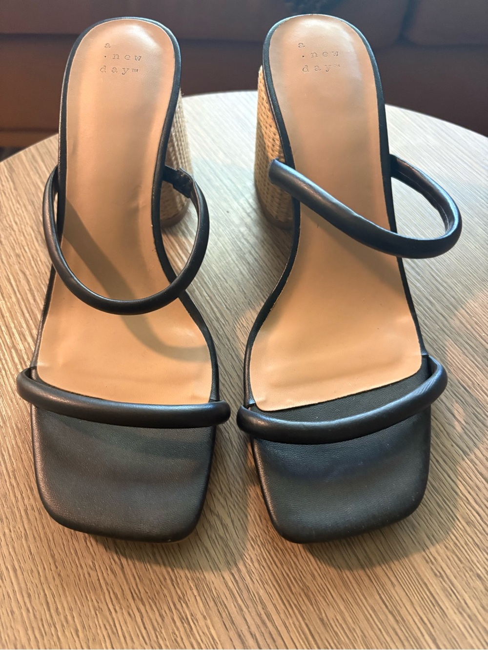 a new day Black Two-Strap Square-Toe Block Heel Sandals